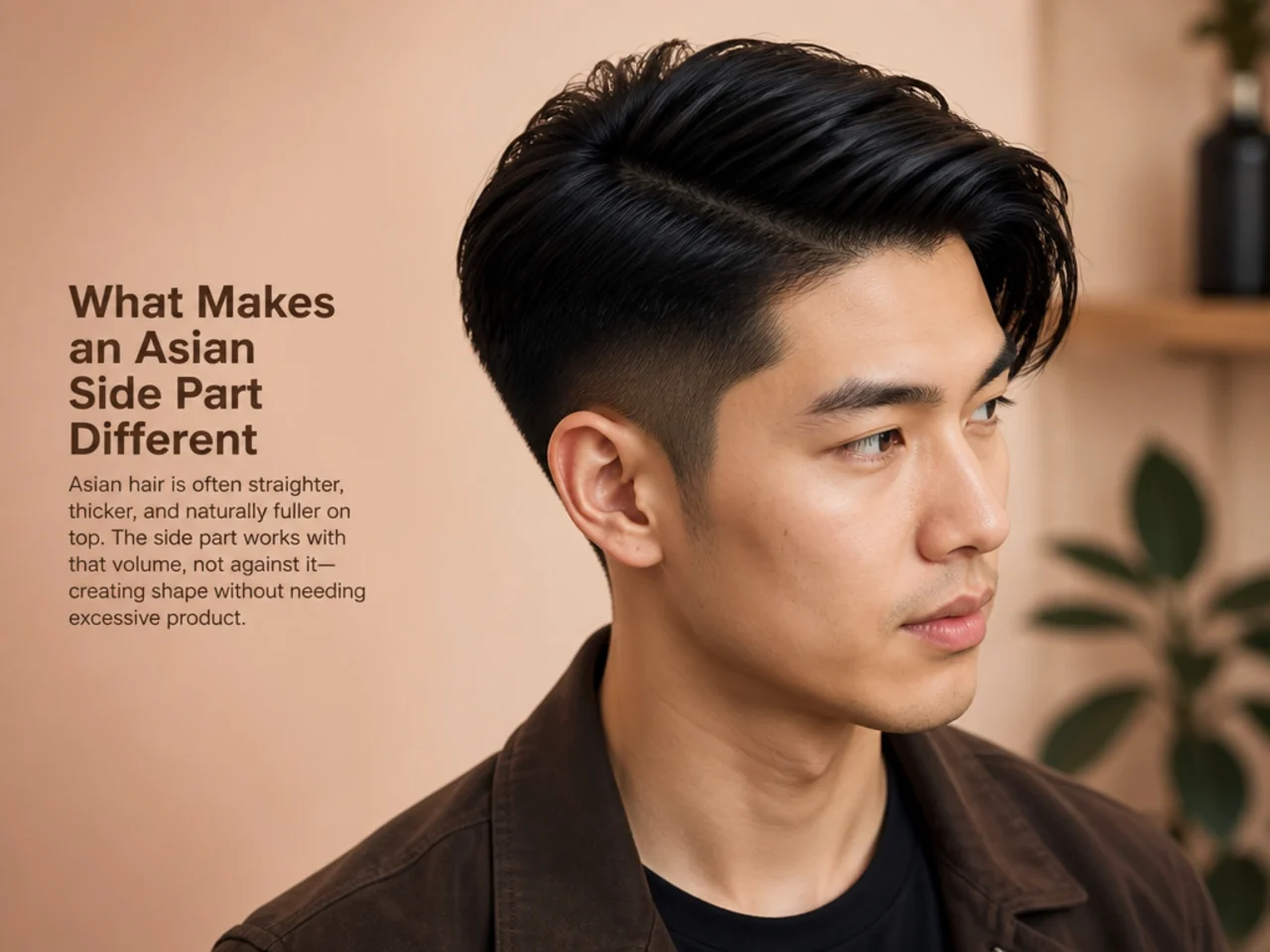 Asian side part haircut on a young Korean man with 4-inch top and clean scissor-blended sides on glossy black hair