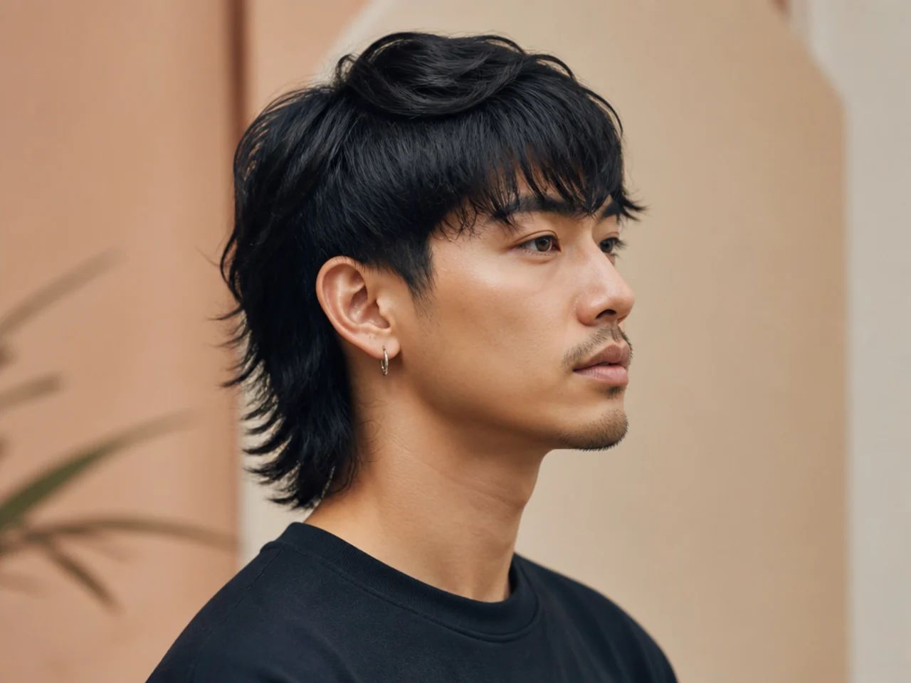 Vietnamese fashion mullet on a young Vietnamese man showing a low fade at the sides and a textured layered top with forward fringe