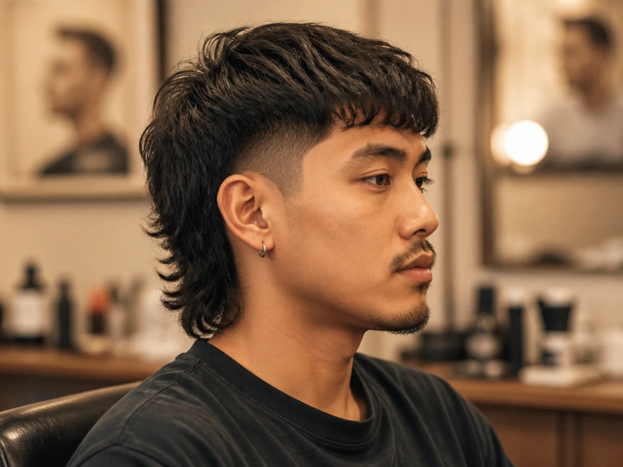 Filipino barbershop mullet on a young Filipino man with a mid taper fade and layered flow top connecting to a collar-length back