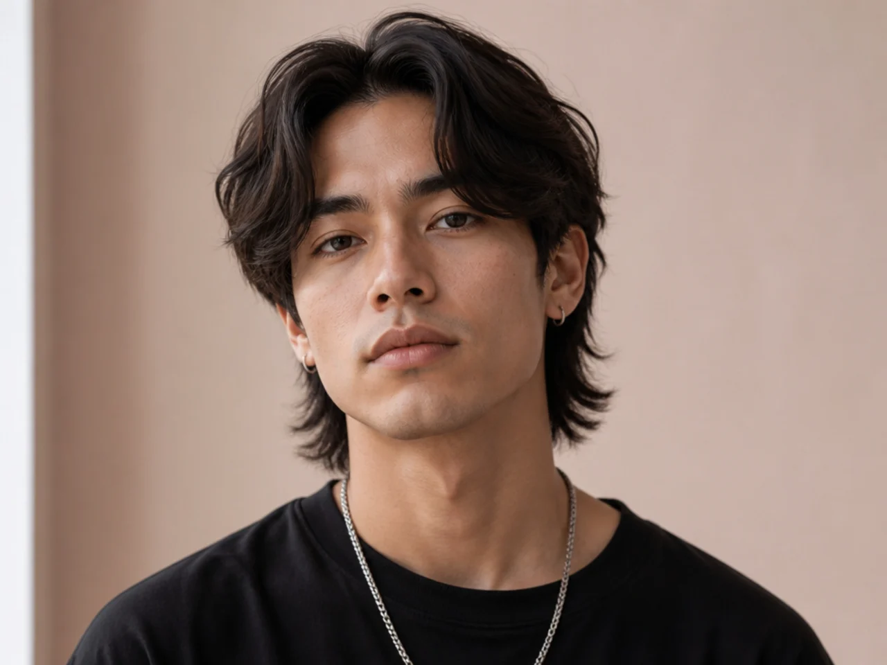 Middle-part mullet on a young Korean man with a straight center part and shag layers running to the collar on glossy black hair