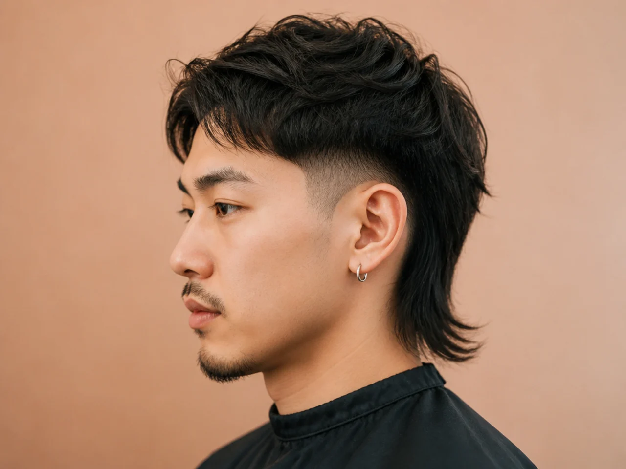 Low fade Asian mullet on a young East Asian man showing a clean low fade at the temple and a textured mullet back at the collar