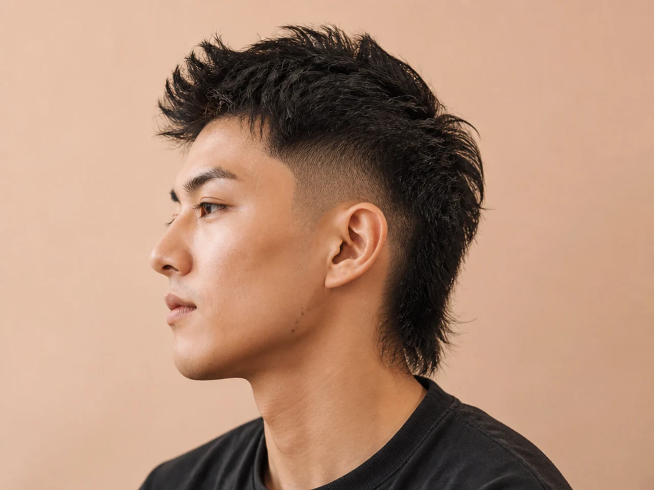 Burst fade Asian mullet on a young Korean man with a burst fade curving around the ear and a layered mullet back flowing behind
