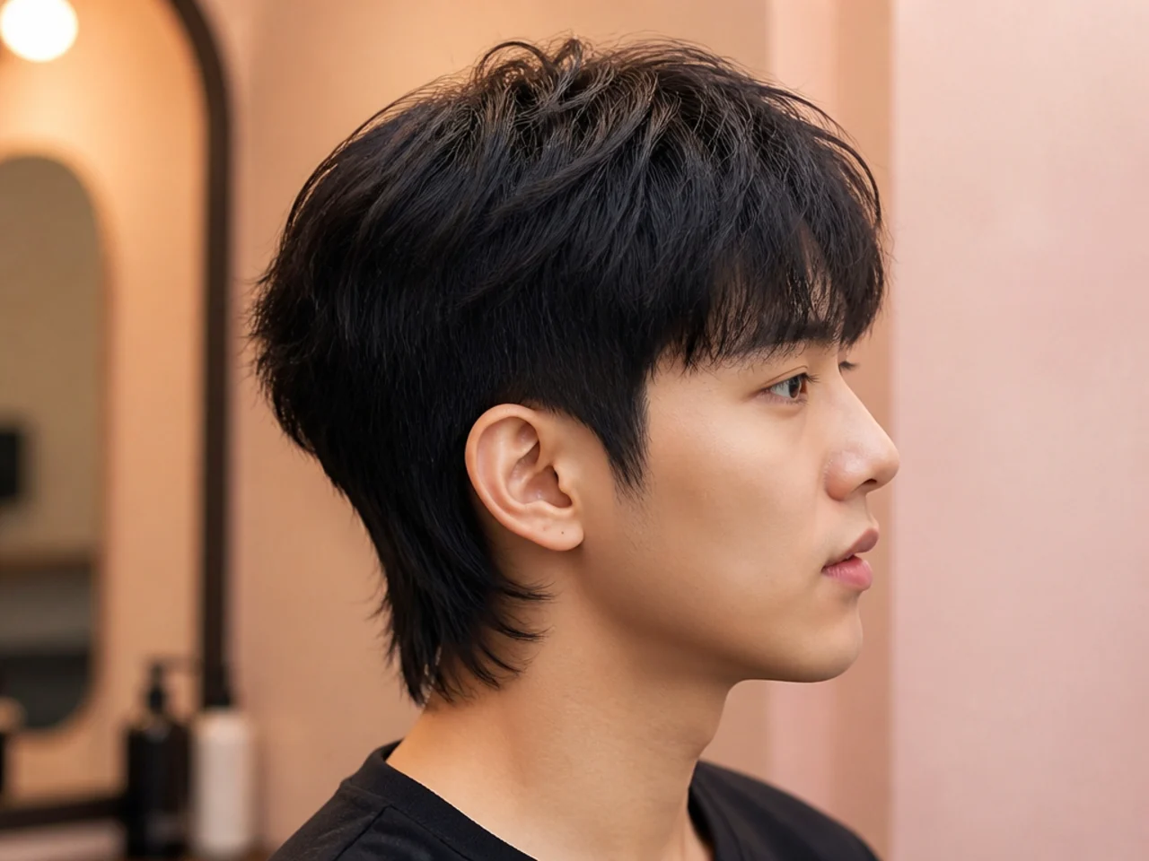 Korean boy mullet on a young Korean man with a compact two-inch top and short two-inch mullet back on straight black hair