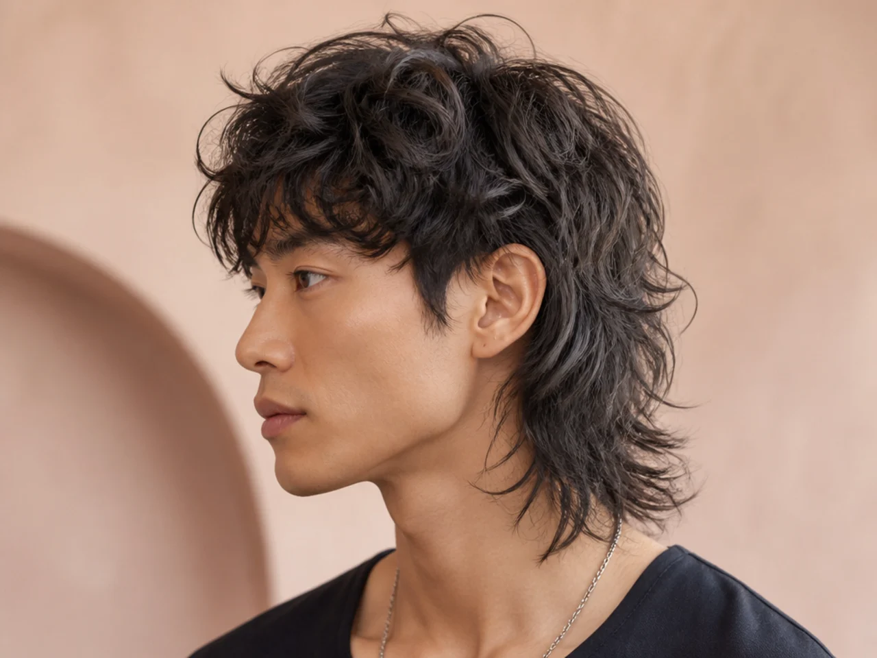 Perm-layered Asian mullet on a young East Asian man showing defined C-curl through the fringe and permed layers running through the shag back