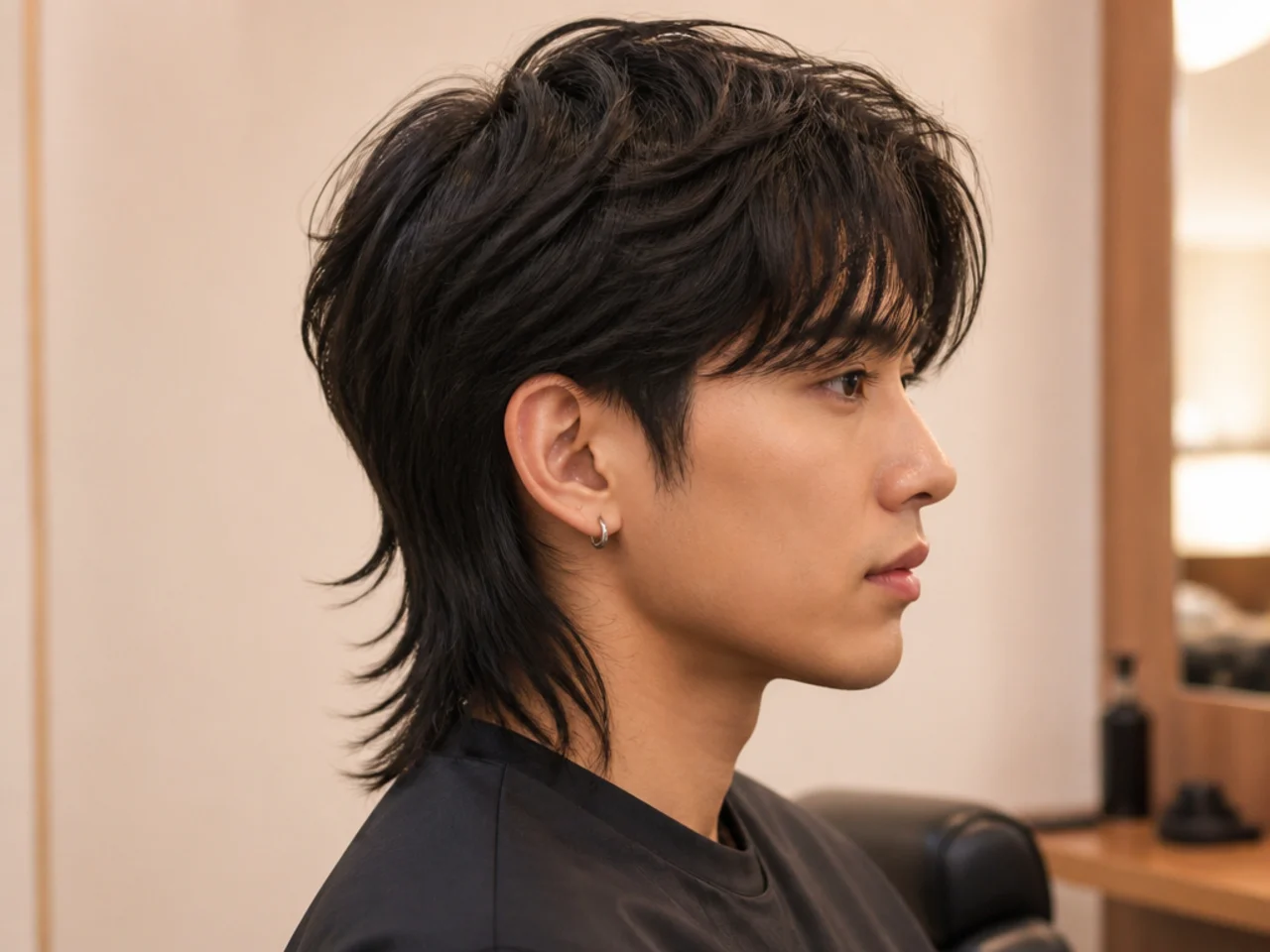 K-rock long mullet on a young Korean man with heavily layered wolf top and shag back running past the shoulder blade