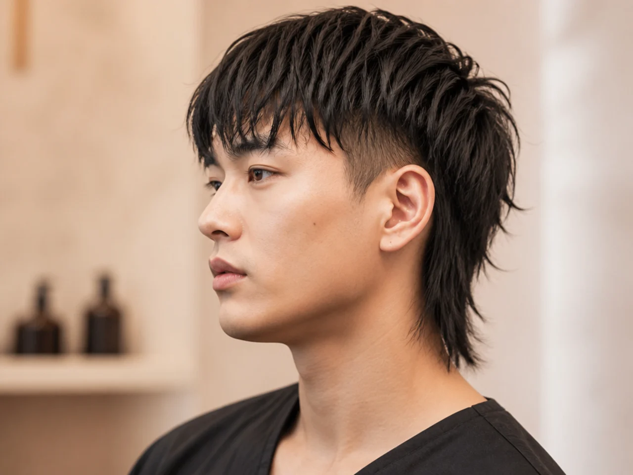 Taiwanese fringe mullet on a young Taiwanese man with a heavy blunt-cut fringe and layered shag back on straight black hair