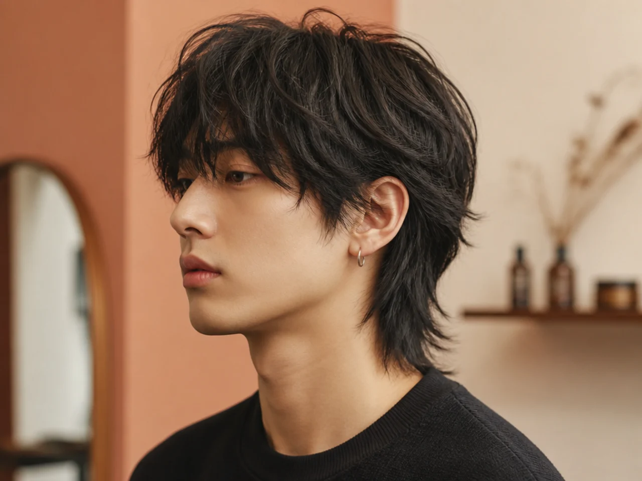 Japanese soft wolf-mullet on a young man with matte layered shag and a deliberately unfinished forward fringe