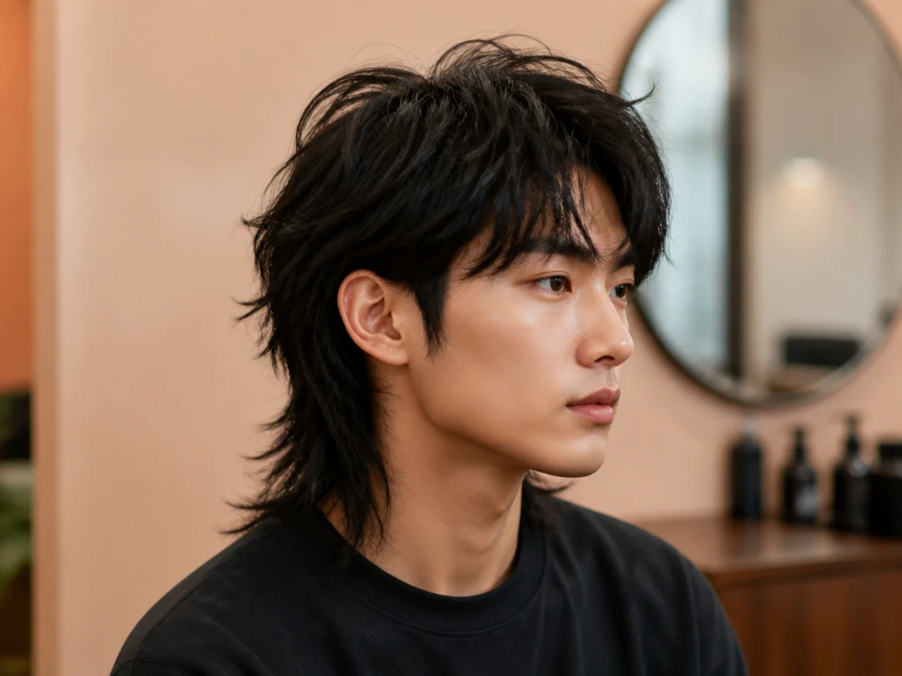 Modern Asian wolf-mullet hybrid on a young East Asian man with heavy face-framing layers and a shag back running past the collar