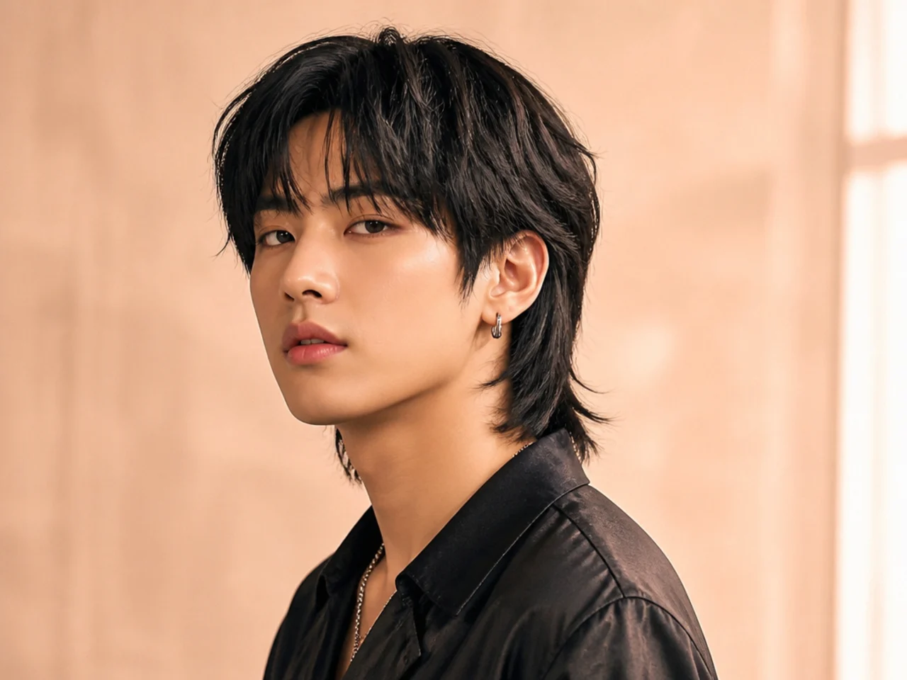 K-pop stage mullet on a young Korean man with dramatic length at the back and volumized layered top for camera