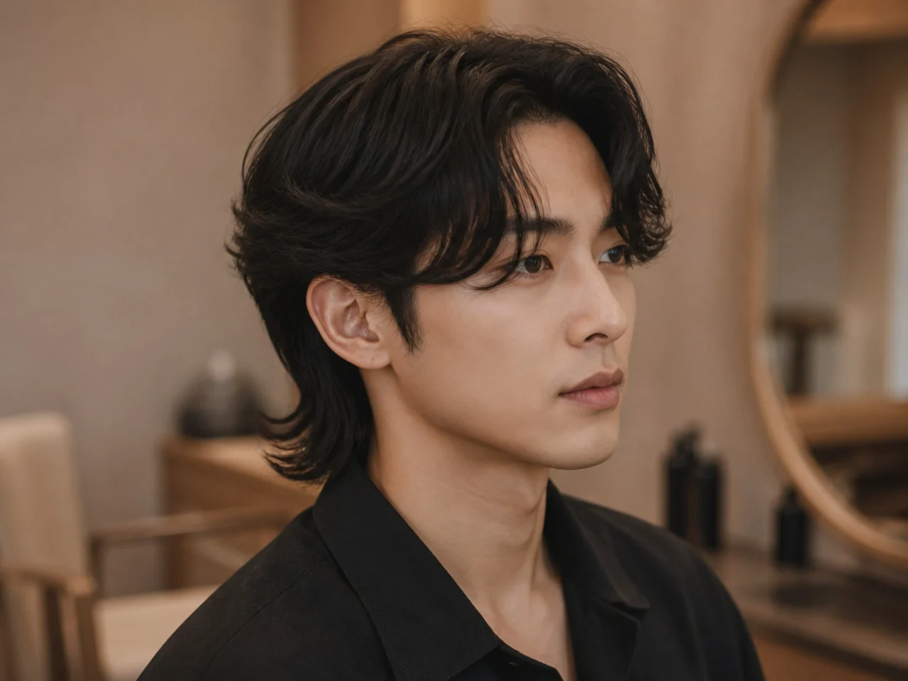 K-drama curtain mullet on a young Korean man with center-parted forward fringe and shag layers running to the collar
