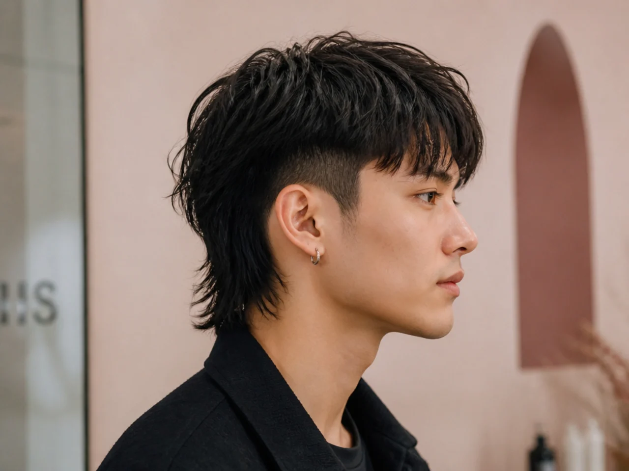 Two-block mullet on a young Korean man showing hidden two-guard sides at the horseshoe and long layered top connecting into the mullet back