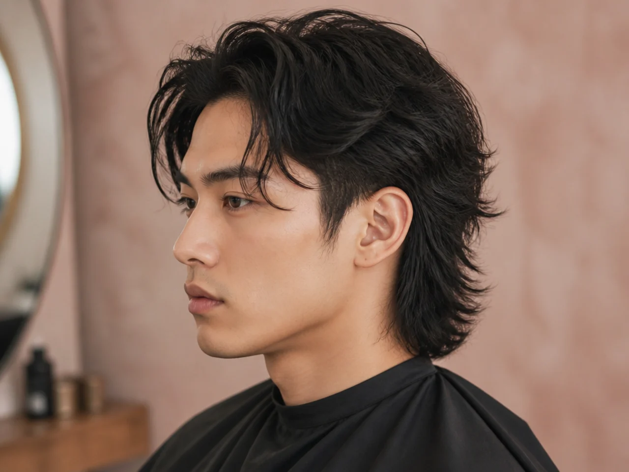 Comma-front Asian mullet on a young Korean man with a curled comma hook at the fringe and layered shag back