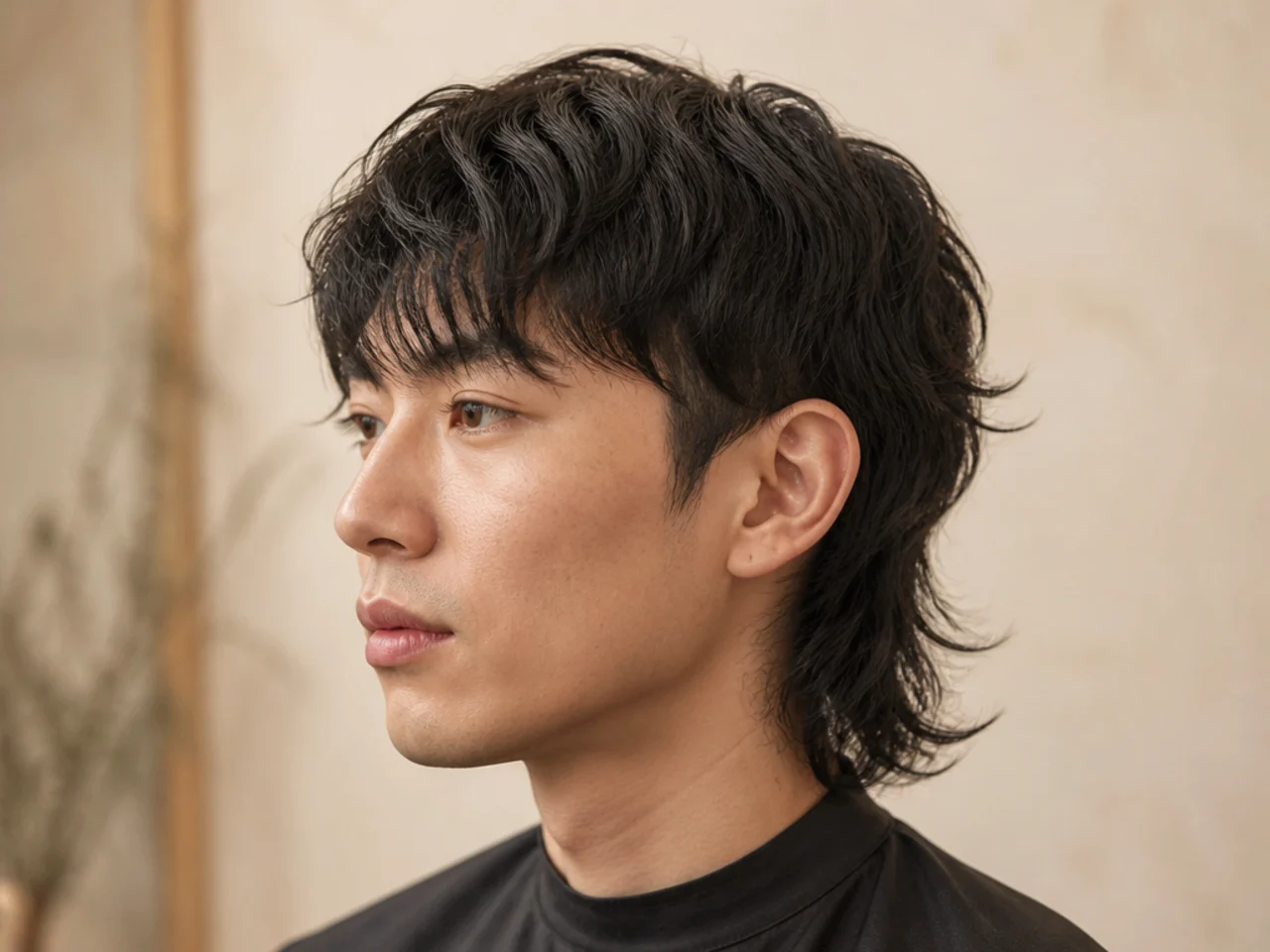 Korean textured mullet on a young Korean man with choppy point-cut top and a short shag back running just above the collar