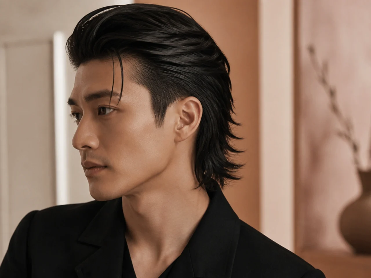 Chinese cinema slick mullet on a man with high-shine slicked-back top and long layered mullet back running to the shoulder blade