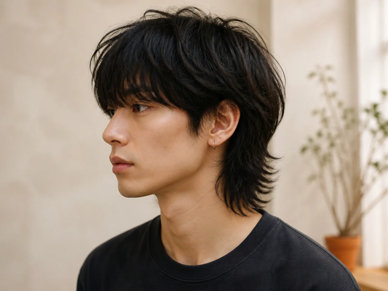Japanese mash mullet on a young Japanese man with a rounded mushroom-inspired perimeter and a soft shag back