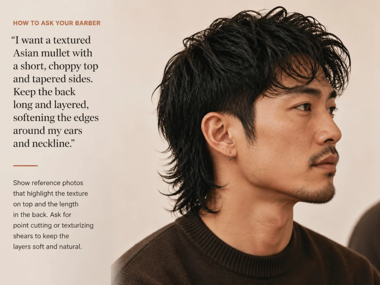 Young Asian man in a barber chair showing a phone reference photo of an Asian mullet to a barber during consultation