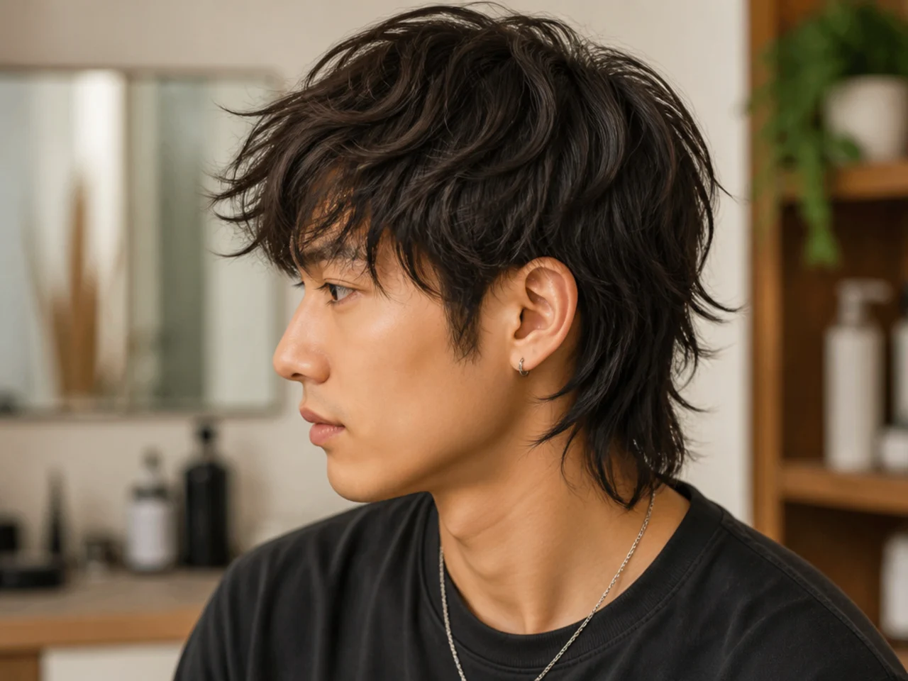 Asian mullet styling essentials — round brush, curl cream, sea-salt spray, matte clay, and diffuser on a warm cream surface