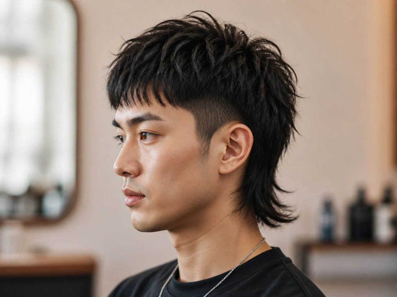 Side-profile view of an Asian mullet on a young man showing wolf-permed layers, forward fringe, and shag-textured back