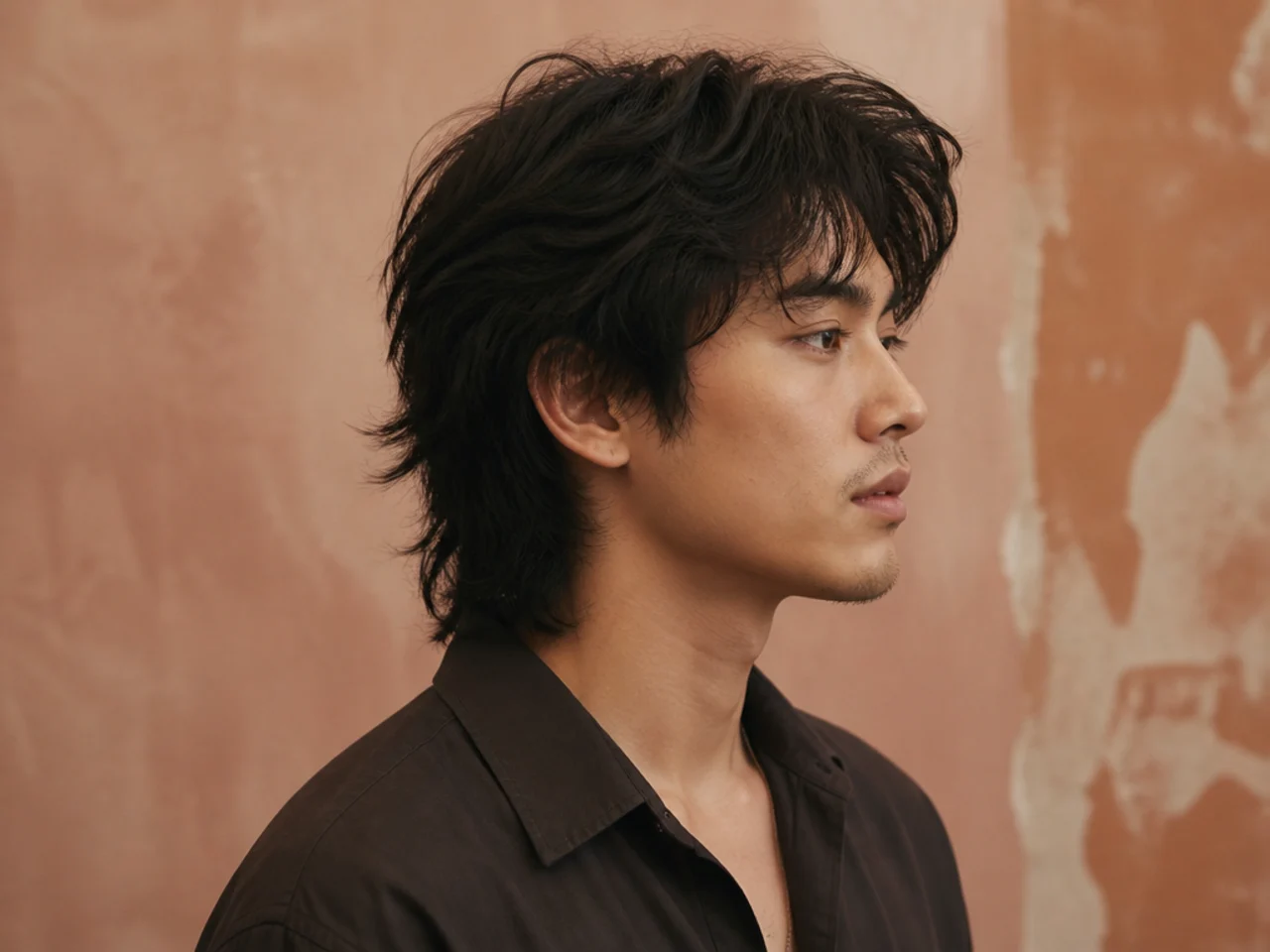 Vietnamese modern wolf cut on a young Vietnamese man showing a low fade at the sides and a layered top with forward fringe over a feathered perimeter