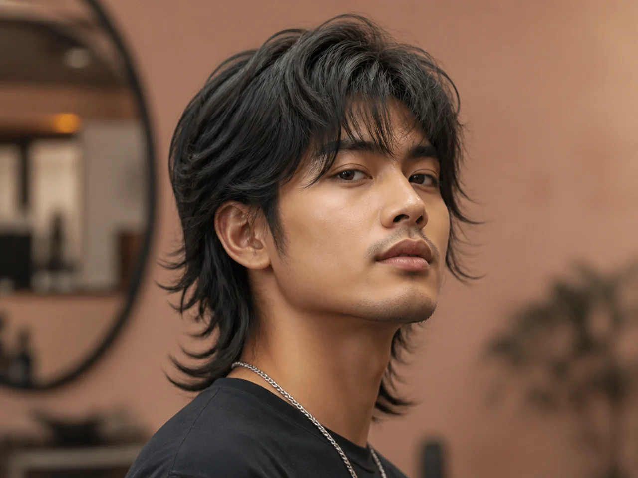 Filipino layered wolf cut on a young Filipino man with a mid taper fade, flow-top layered structure, and feathered perimeter at the collar
