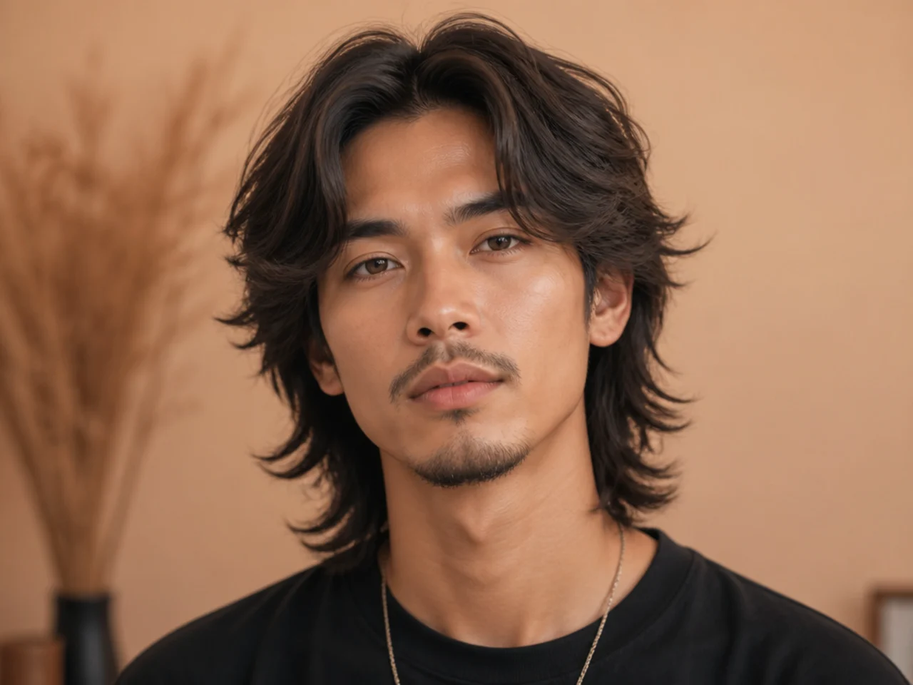 Middle-part wolf cut on a young Korean man with a straight center part, layered face-framing pieces, and feathered perimeter at the collar on glossy black hair