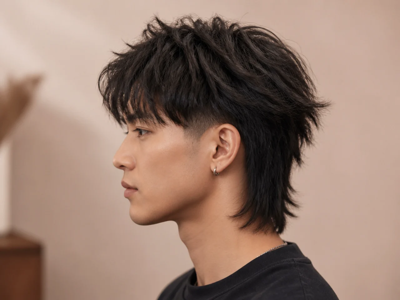 Low fade Asian wolf cut on a young East Asian man showing a clean low fade at the temple and a layered textured wolf structure at the crown and perimeter