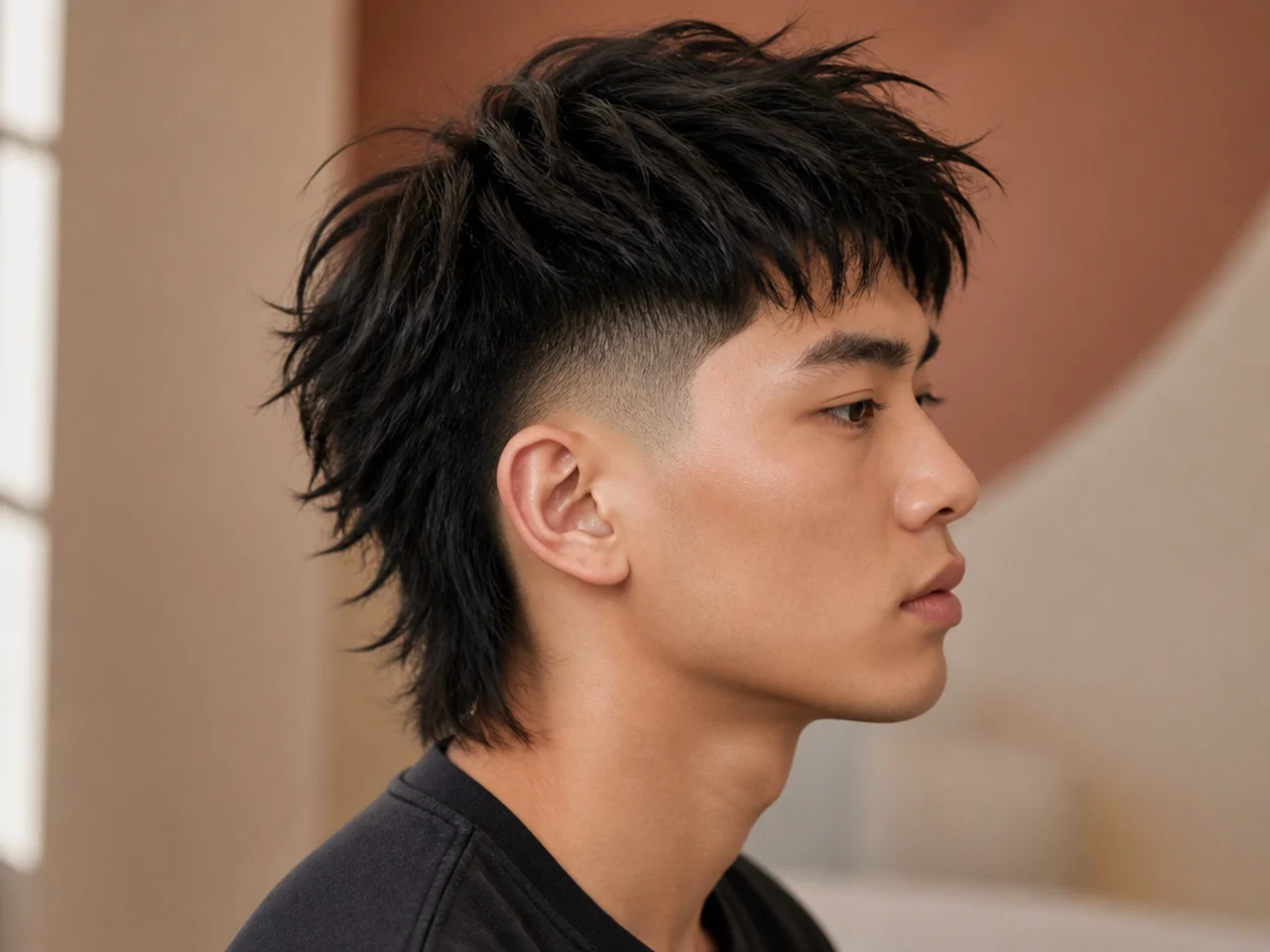 Burst fade Asian wolf on a young Korean man with a burst fade curving around the ear and a layered wolf structure flowing behind