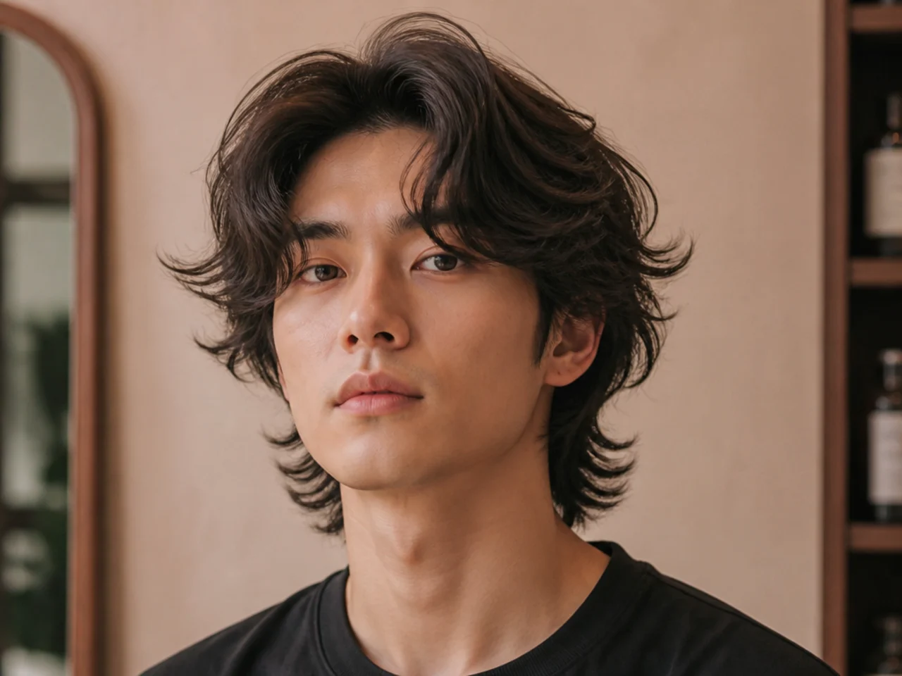 C-curl perm wolf cut on a young East Asian man showing defined C-curl through the fringe and permed layers running through the crown and perimeter