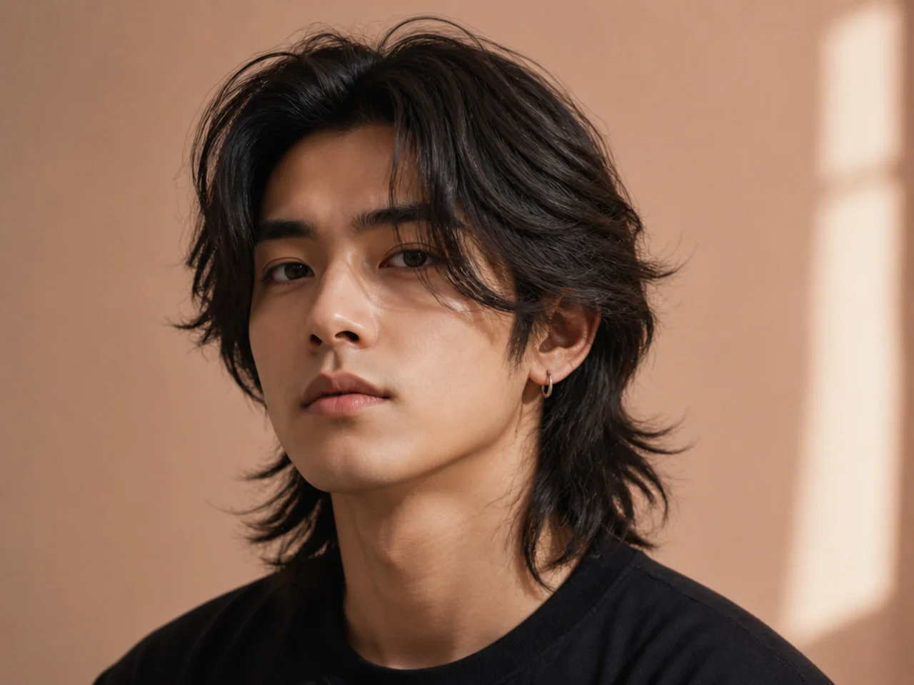 K-rock long wolf cut on a young Korean man with heavily layered wolf top and long feathered perimeter running past the shoulder blade
