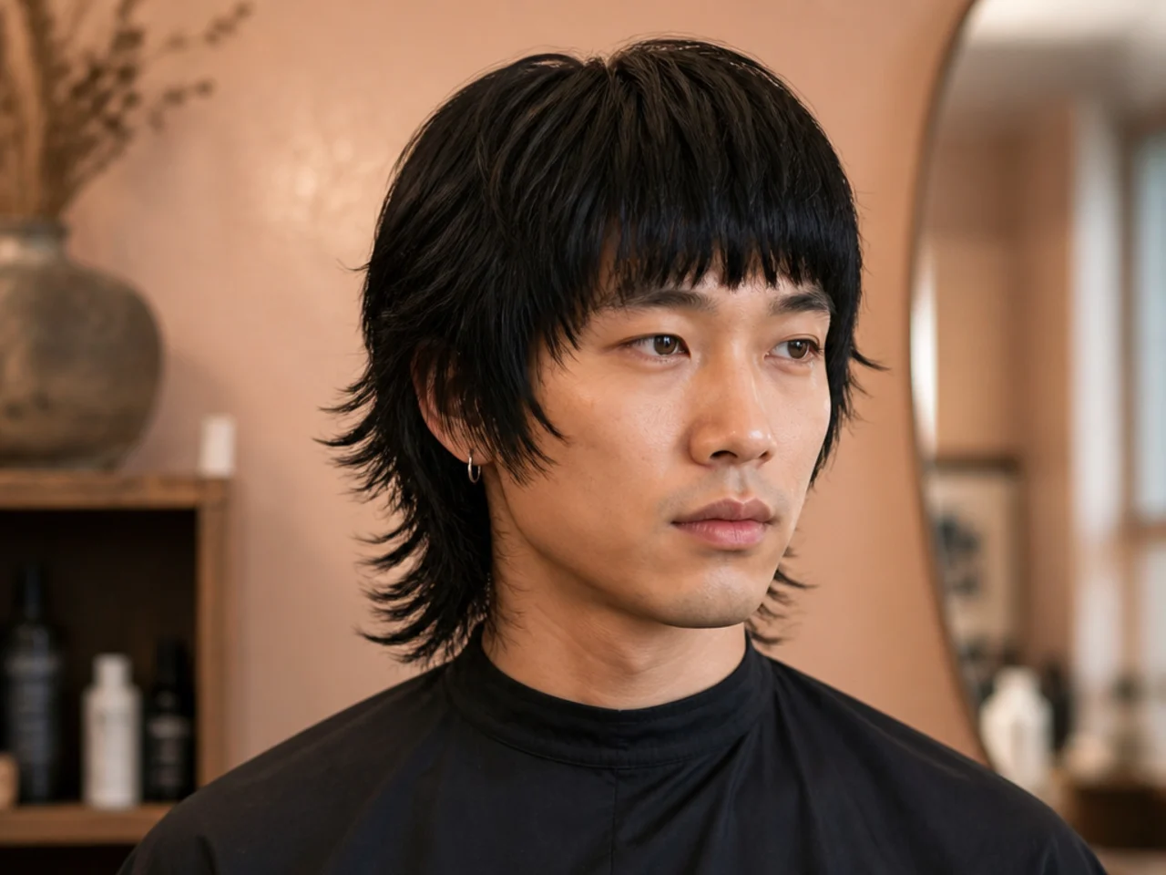 Taiwanese blunt-fringe wolf on a young Taiwanese man with a heavy blunt-cut fringe and layered wolf structure through the crown and perimeter