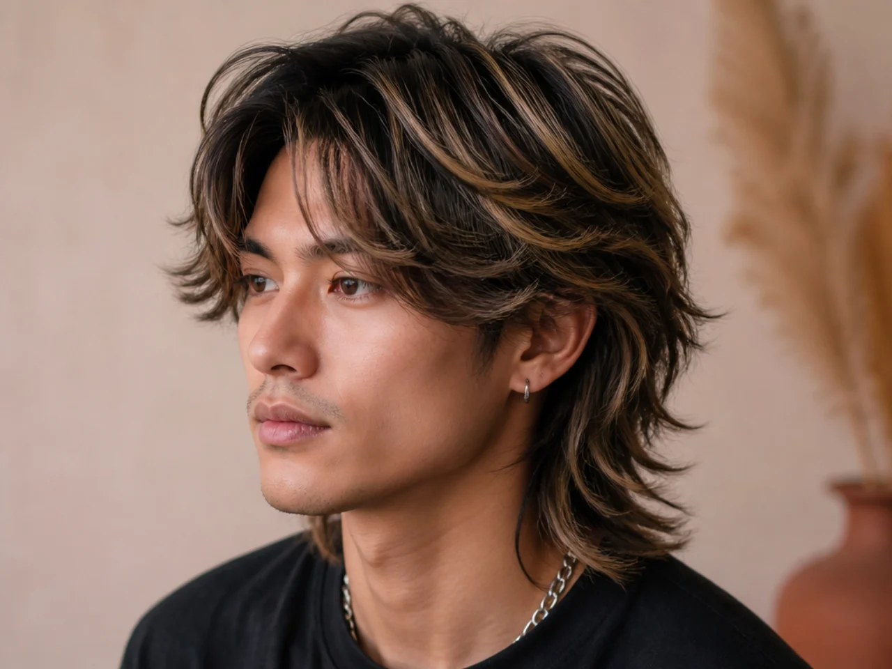 Thai highlighted wolf cut on a young Thai man showing a colored highlight through the fringe and a permed layered wolf structure with wave
