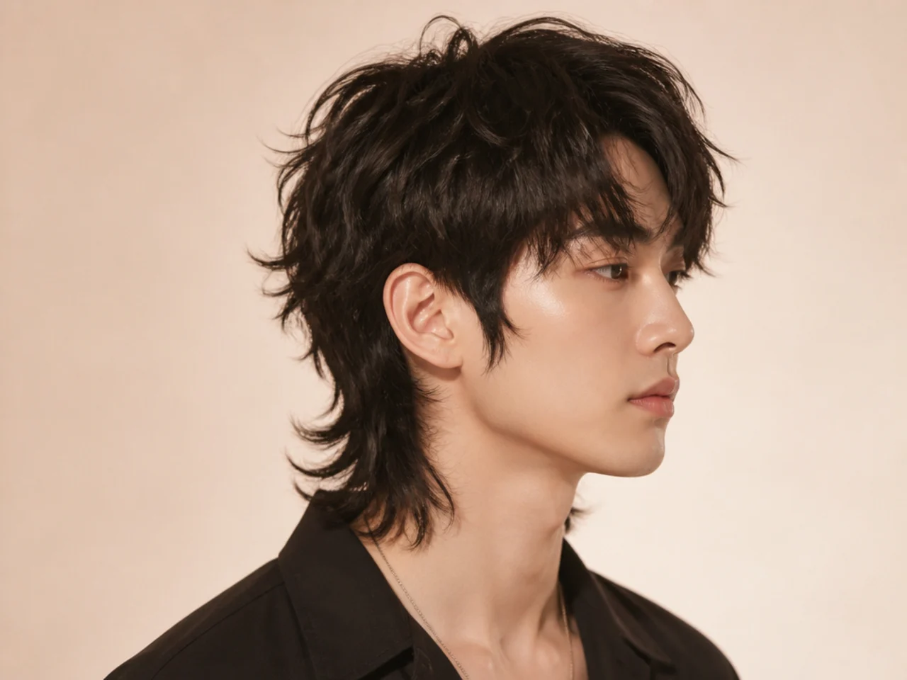Asian jellyfish wolf cut on a young East Asian man showing a compact rounded crown floating over a longer disconnected feathered perimeter