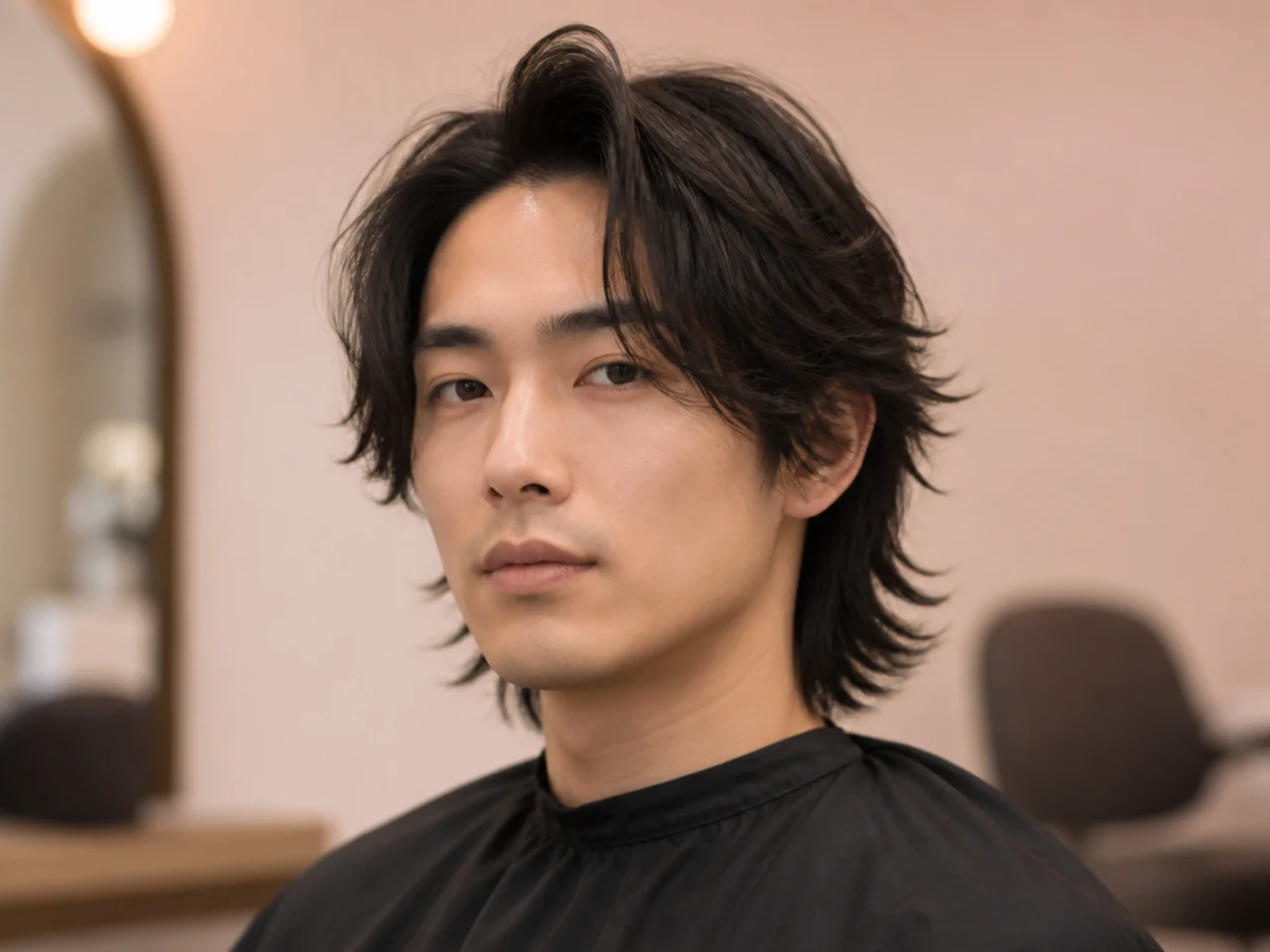 Japanese soft wolf cut on a young Japanese man with matte layered finish and a deliberately unfinished forward fringe