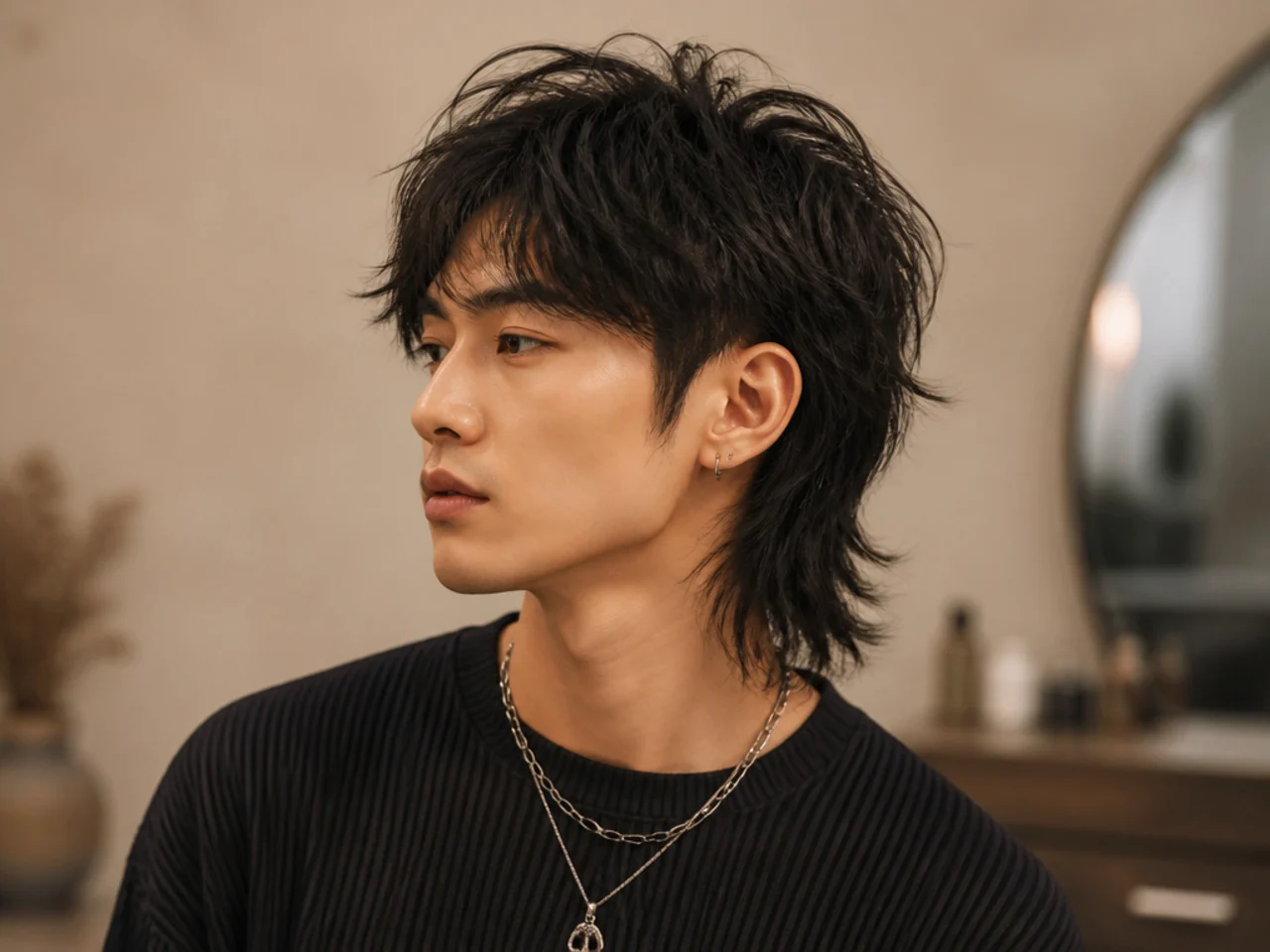 Modern Asian wolf-mullet hybrid on a young East Asian man showing heavy face-framing layers and a longer feathered perimeter running past the collar