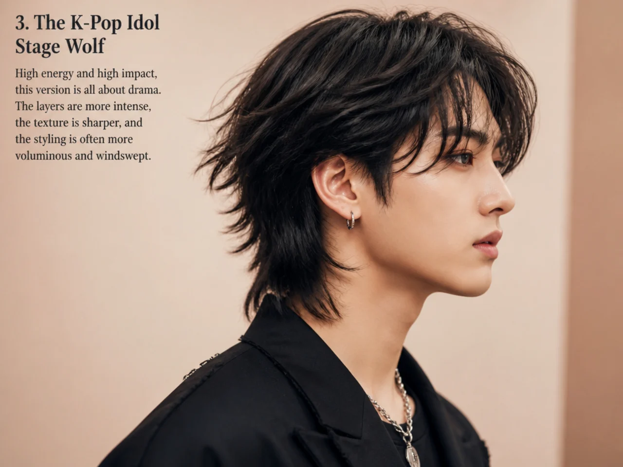 K-pop stage wolf cut on a young Korean man with dramatic volumized crown, brow-height forward fringe, and body-permed layered mid-lengths