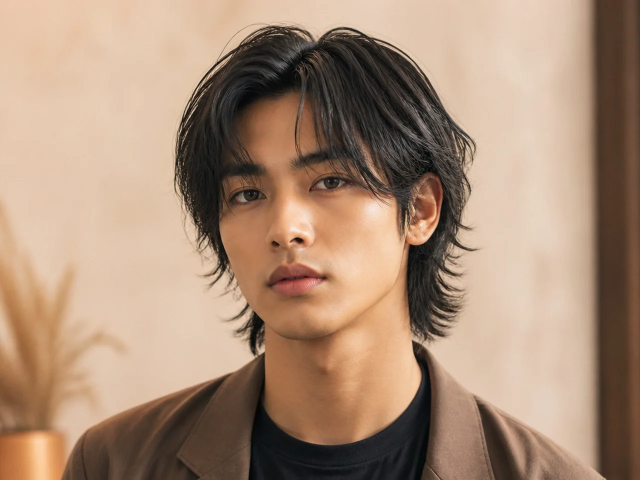K-drama curtain wolf cut on a young Korean man with center-parted curtain fringe framing the eyes and layered feathered perimeter
