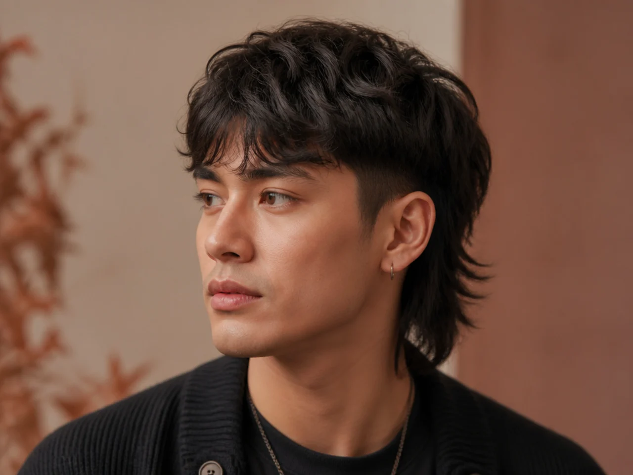 Two-block wolf cut on a young Korean man showing hidden two-guard sides at the horseshoe seam and long layered top flowing into a feathered nape