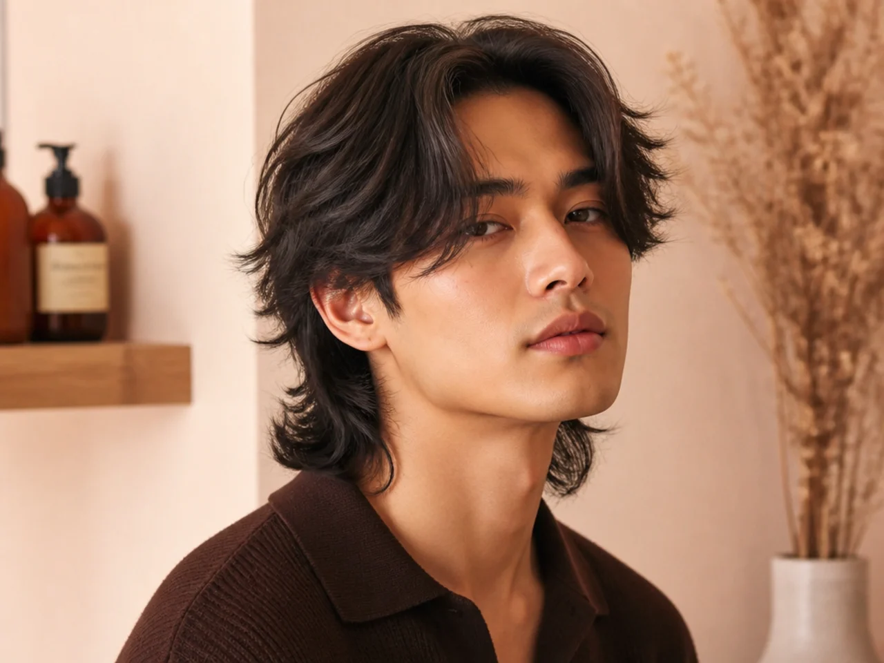 Comma-fringe wolf cut on a young Korean man with a curled comma hook at the front and heavily layered wolf structure through the length