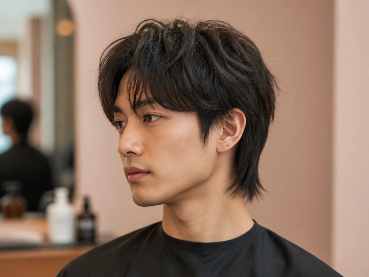 Korean textured short wolf on a young Korean man with choppy point-cut crown, forward fringe, and a short feathered perimeter above the collar