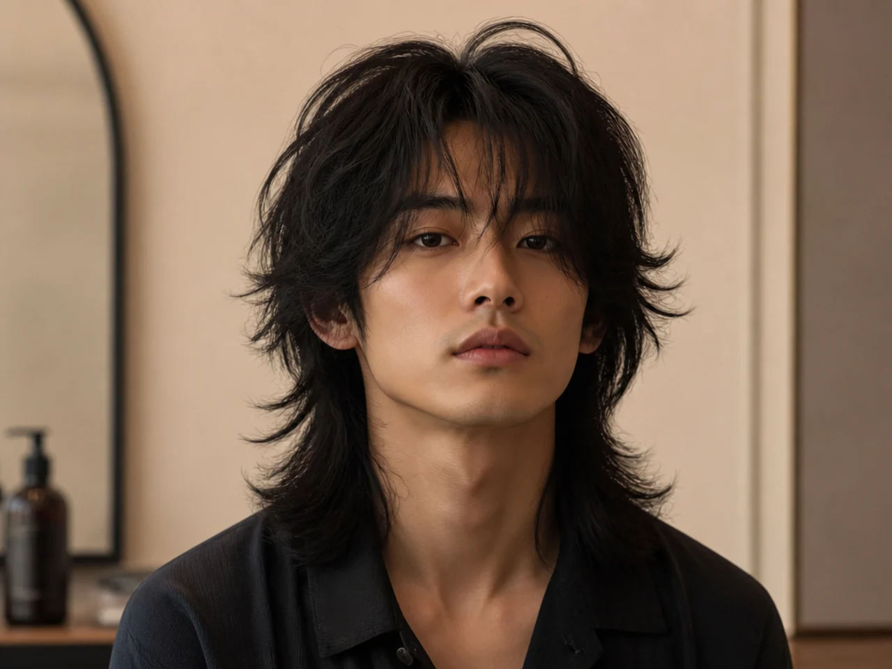Chinese cinema layered wolf cut on a man with high-shine slicked-back top and heavy layered mid-lengths flowing to a long feathered perimeter