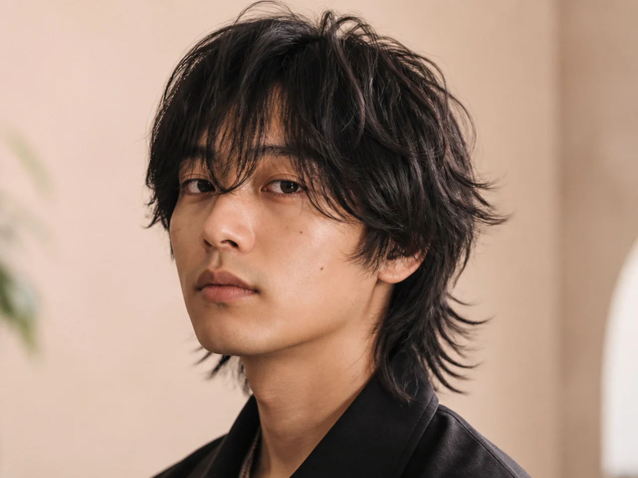 Japanese mash wolf on a young Japanese man with a rounded mushroom-inspired perimeter and soft internal wolf layers underneath