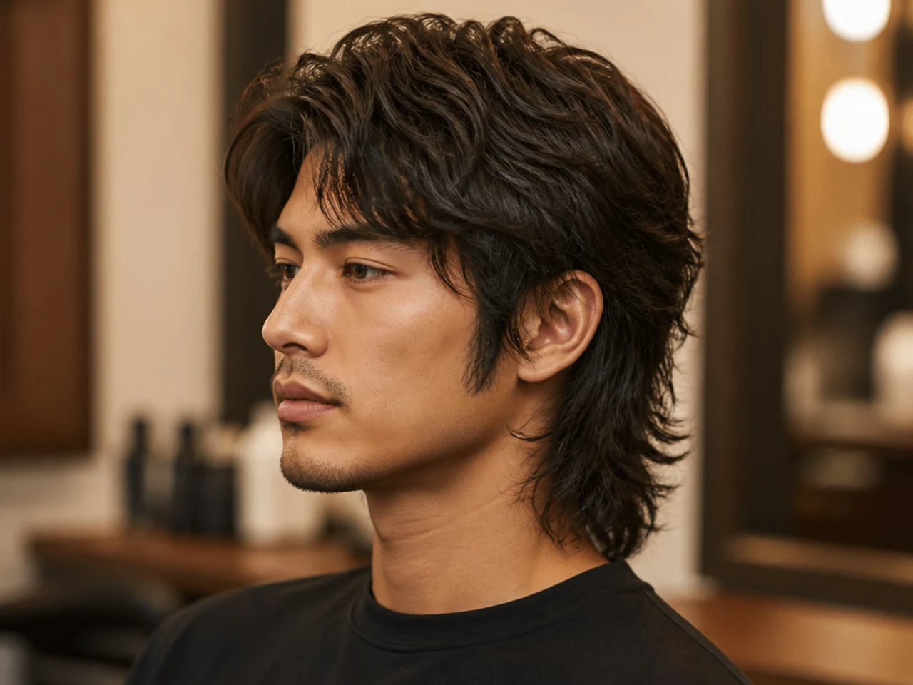 Young Asian man in a barber chair showing a phone reference photo of an Asian wolf cut to a barber during consultation