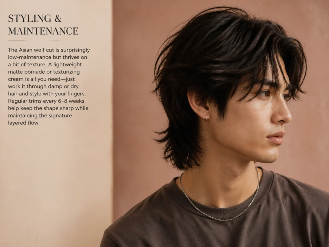 Asian wolf cut styling essentials — round brush, curl cream, sea-salt spray, matte clay, and diffuser on a warm cream surface