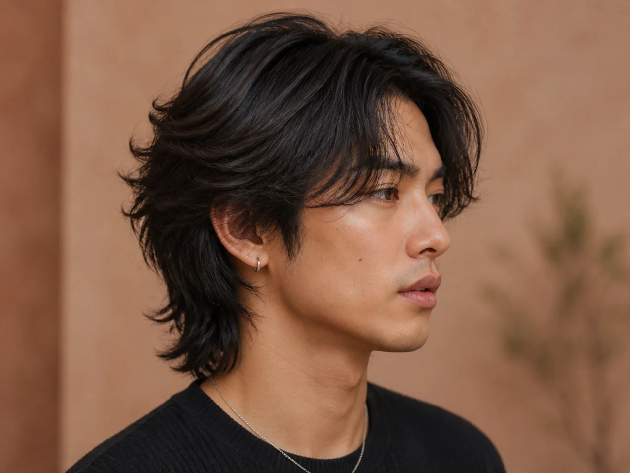 Side-profile of an Asian wolf cut on a young East Asian man showing crown volume, layered mid-lengths, and feathered perimeter with visible layer pattern
