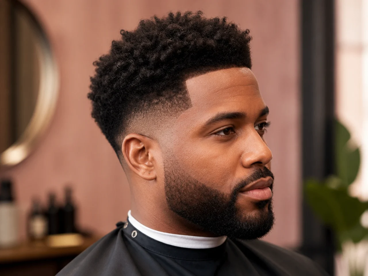 Low taper fade with a three-inch rounded 4B afro on top and a soft blend above the ear on a Black man in his thirties