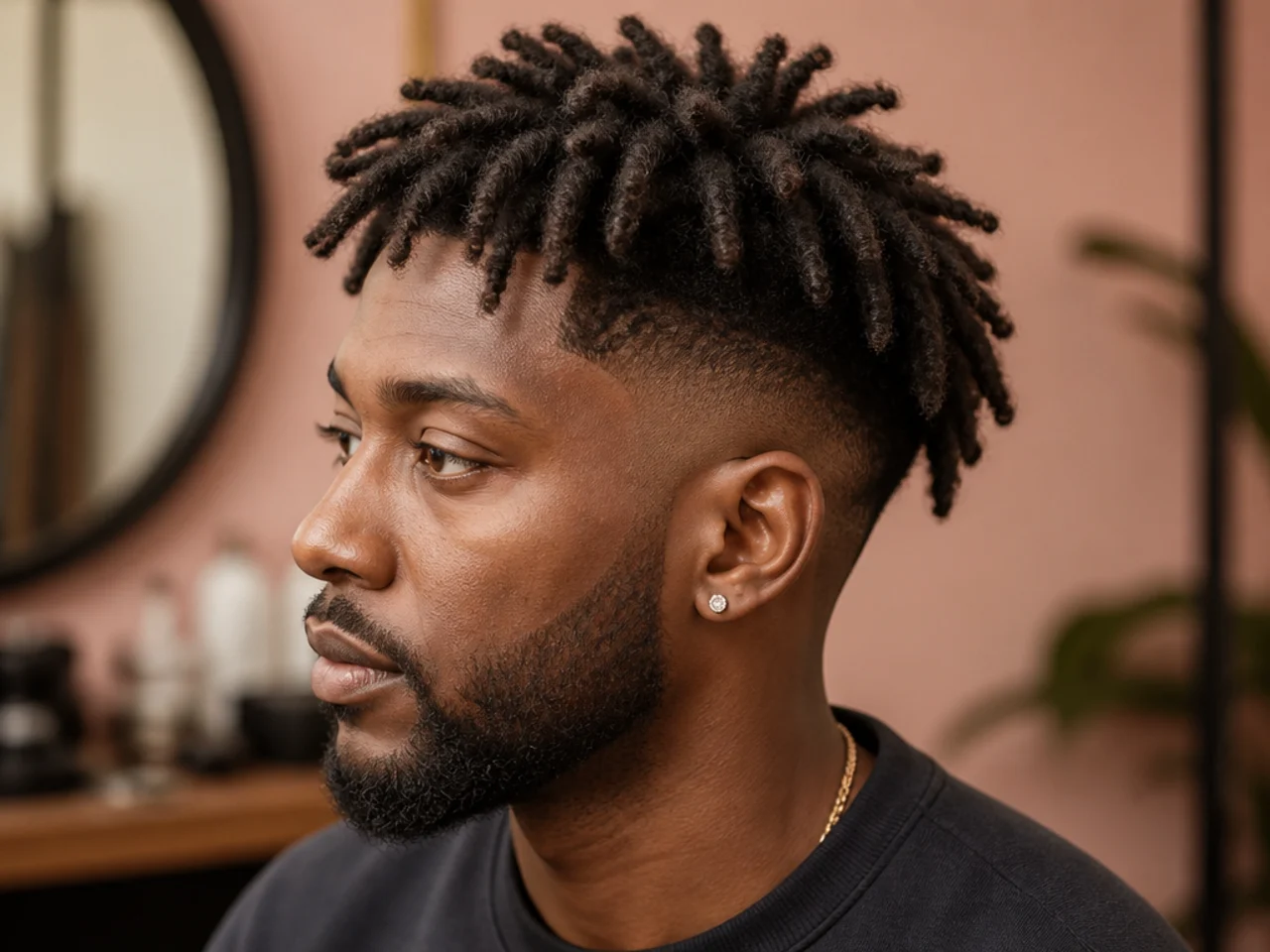 Mid drop fade with the transition line curving behind the ear and shoulder-length freeform locs on 4C hair