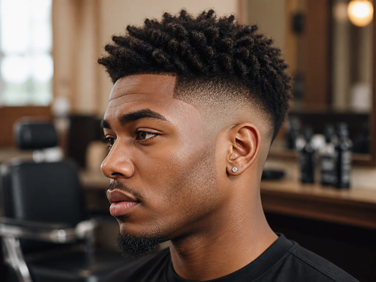 Burst fade curving around the ear with three inches of sponge-coiled 4A hair on top and a razor line-up