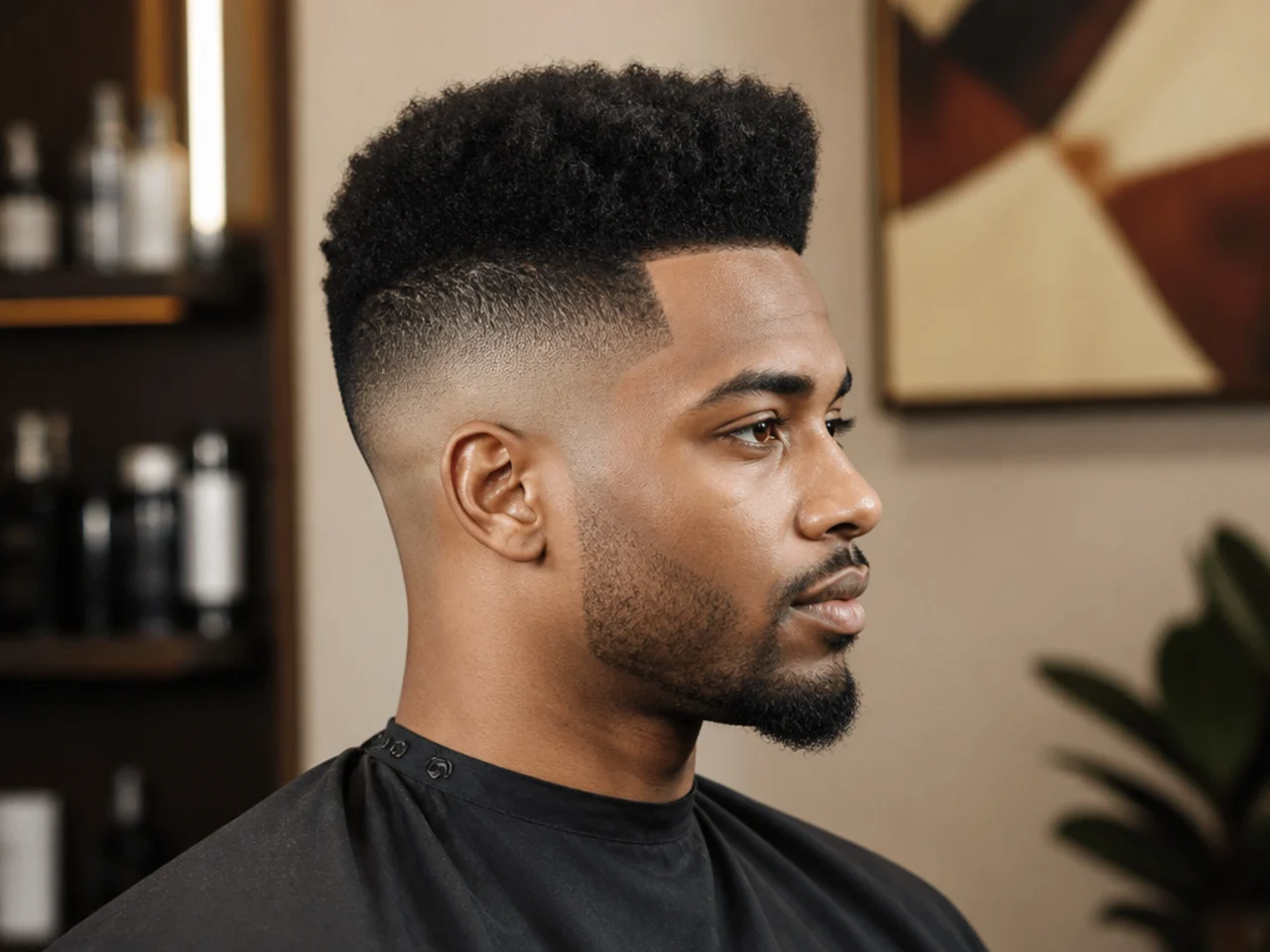 High skin fade with a modern rounded four-inch high top on 4B texture and a razored side design panel