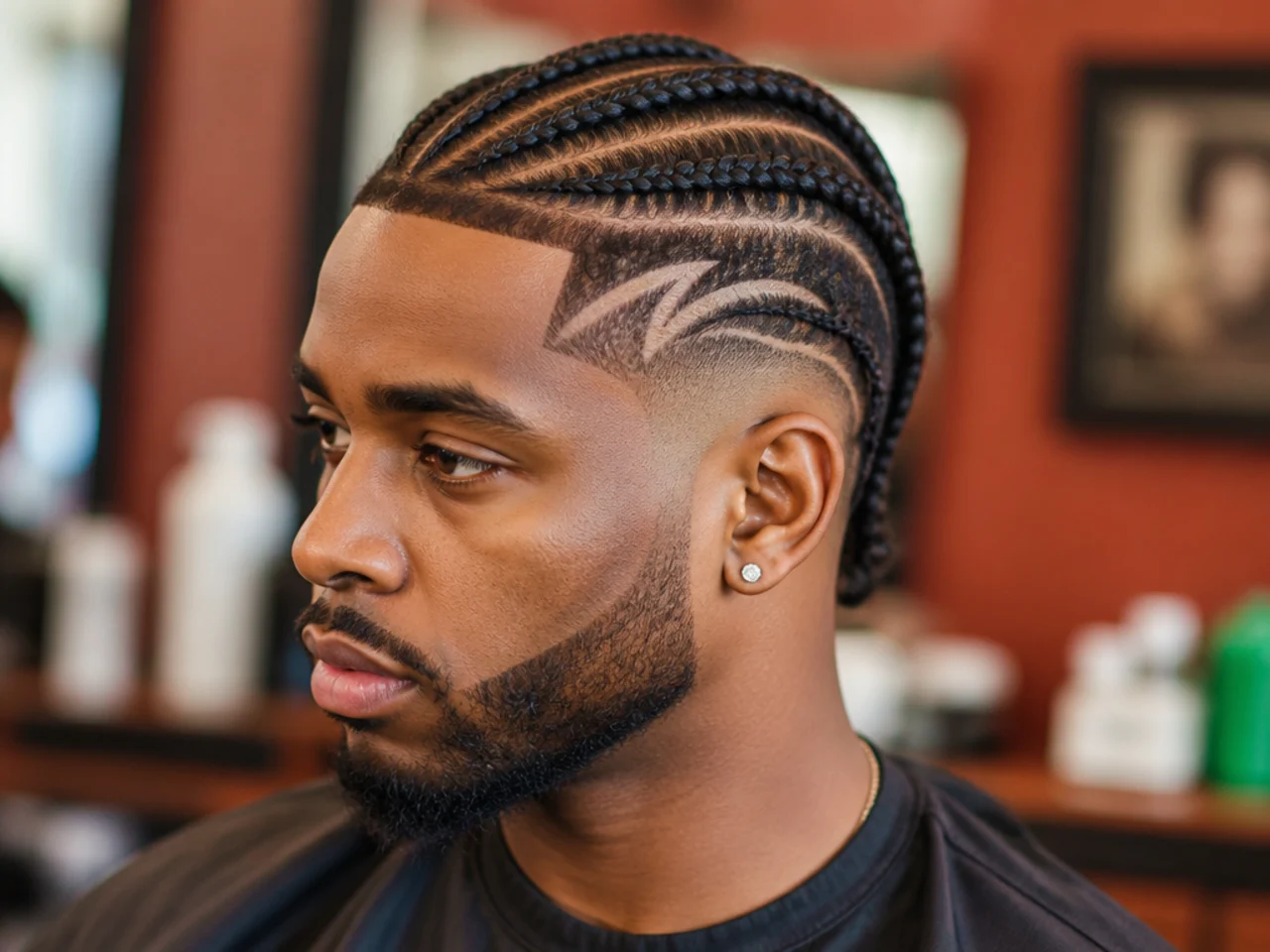 Temple fade with three feed-in cornrows on top and a razor line-up on a young Black art teacher