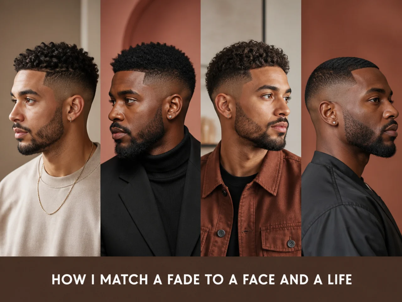 Three Black men with different face shapes and fade styles showing how face shape affects fade choice